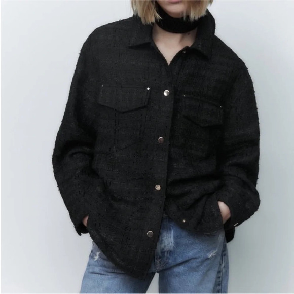 Zara Tweed Textured Weave Overshirt Black Shaker Jacket Oversized - Picture 1 of 13